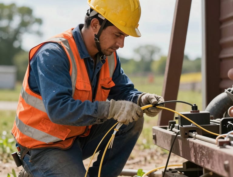 Close-up of hands performing preventive maintenance on fiber optic equipment.