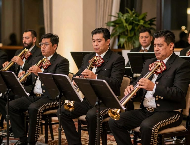 José Fuentes singing passionately on stage with mariachi musicians under warm lighting.