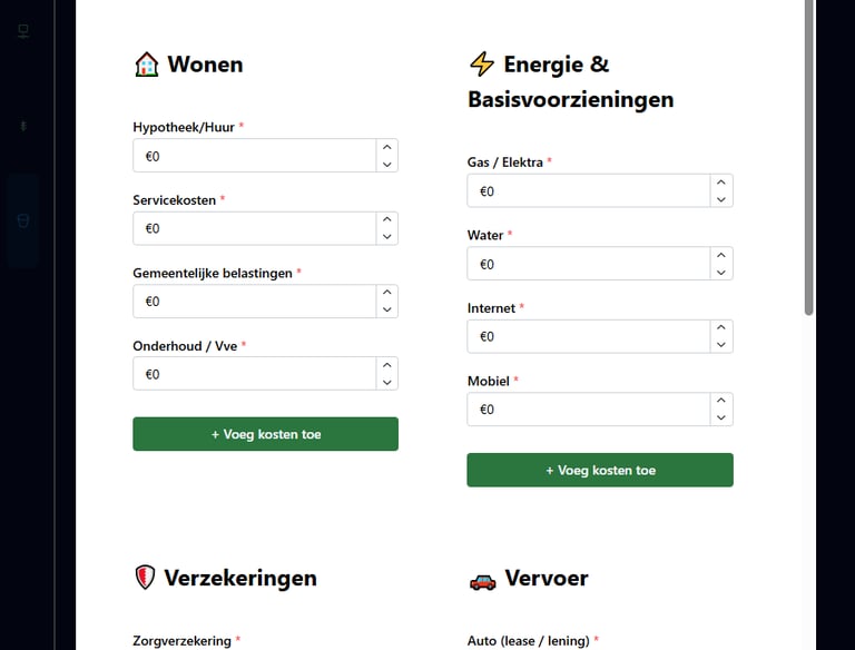 Screenshot of a Dutch budget planner interface for calculating monthly fixed costs like housing, energy, and insurance.
