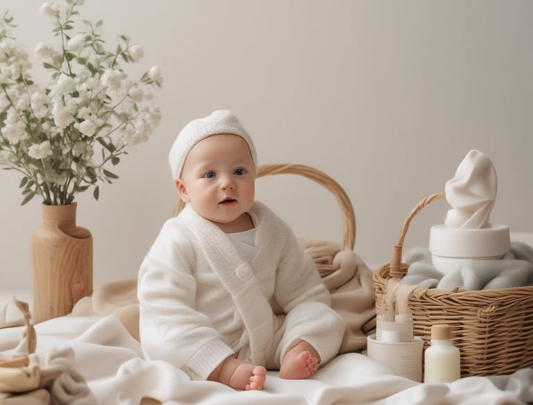 A mother tenderly holding her newborn, surrounded by softly lit, minimalistic decor.
