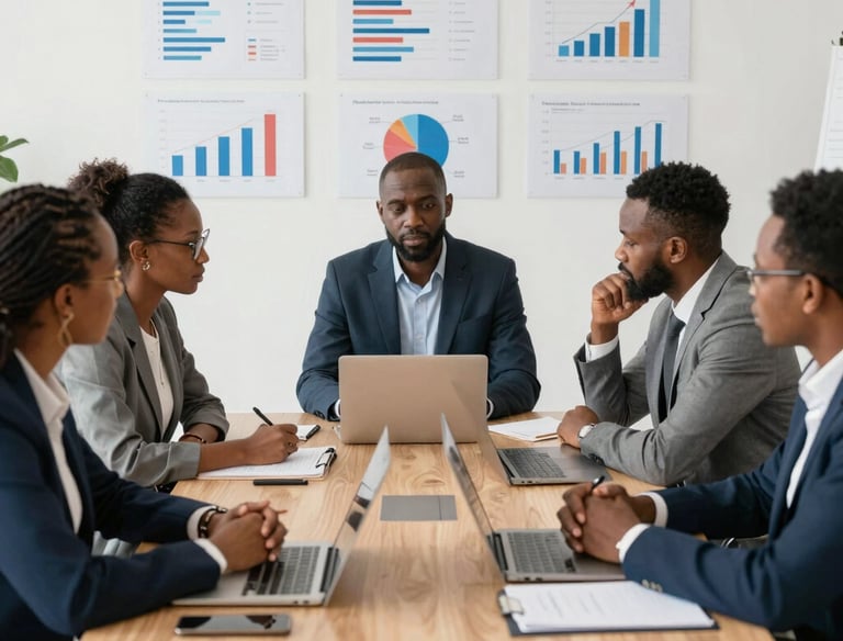 A modern office meeting with professionals discussing financial charts and project plans.