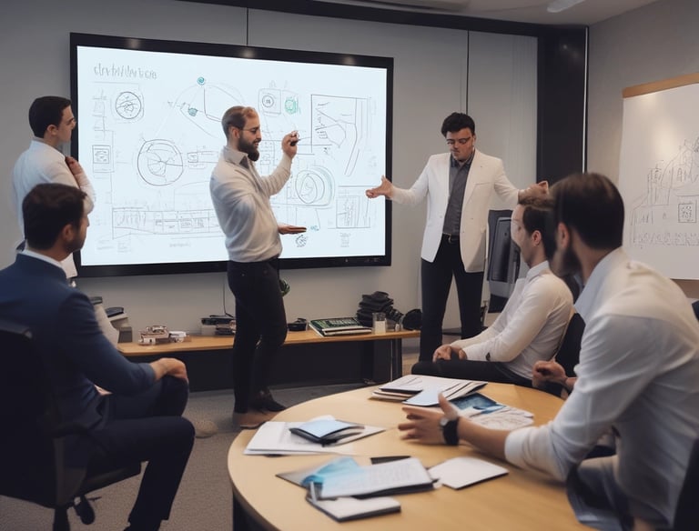 A professional advisor discussing AI strategy with clients in a modern office.