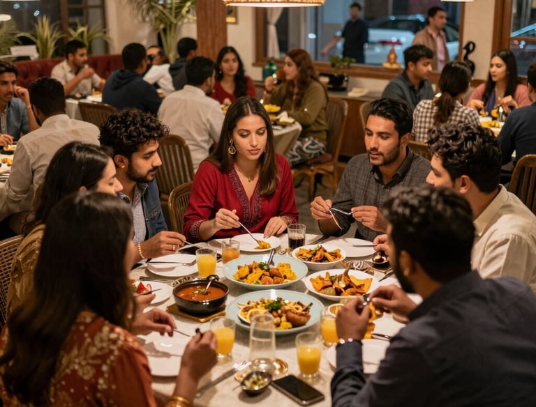 Cozy interior of Zak’s Restaurant with elegant South Asian decor and inviting warm lighting.