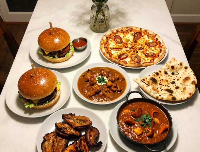 A beautifully arranged takeaway package featuring signature Pakistani dishes.