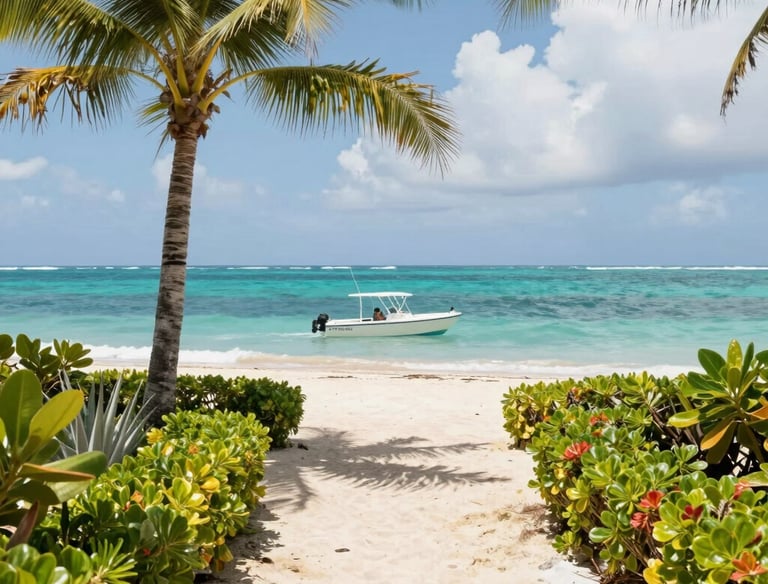 Sunset view from a villa deck overlooking calm turquoise waters.