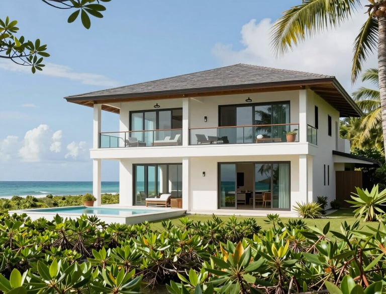 A sleek eco-villa nestled among lush tropical greenery with ocean glimpses.