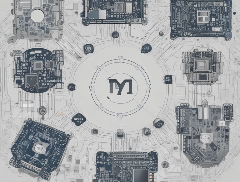 Sleek embedded AI device integrated into industrial machinery, glowing softly with data signals.