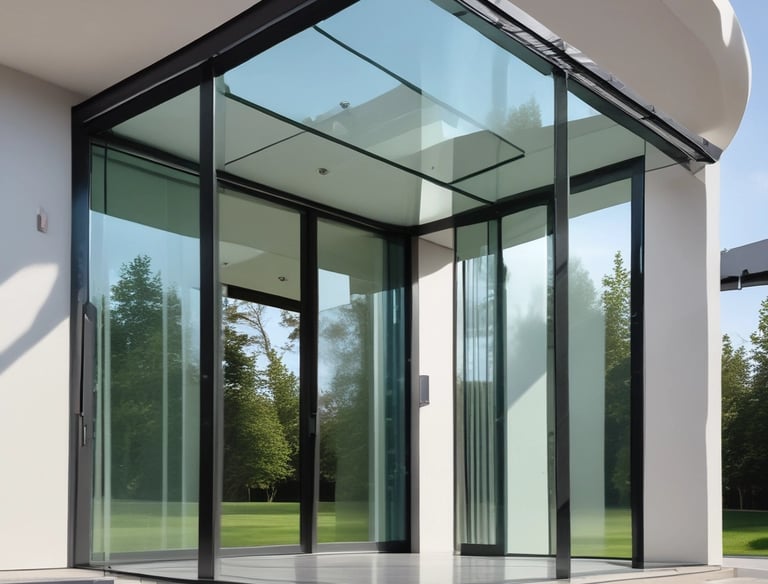 Sleek glass roof reflecting a deep blue sky with subtle gradient shadows.