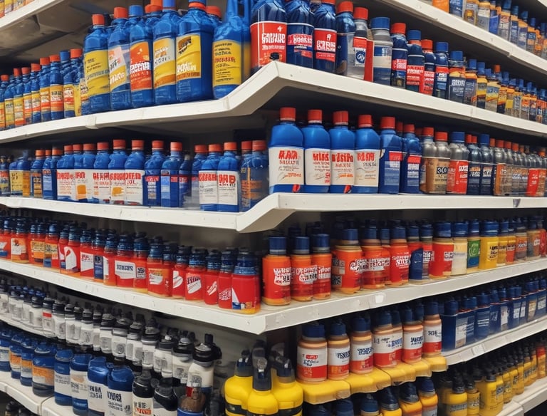 Brightly lit shelf stocked with various pure lubricant bottles ready for shipment.