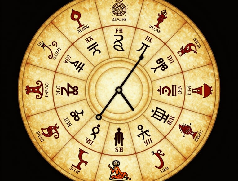 A detailed ancient Vedic horoscope chart illuminated with golden lines and zodiac symbols.
