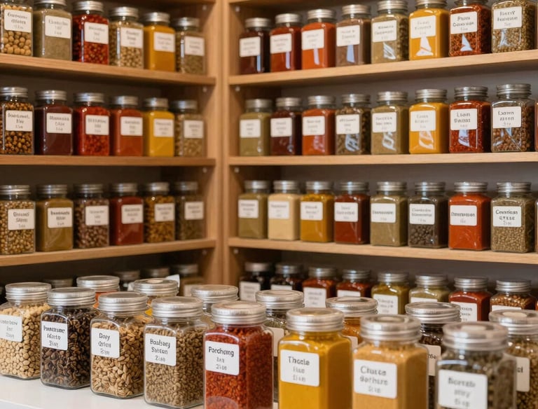 Stacks of neatly packed spice bags labeled for global shipment.