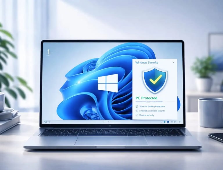 2026 best antivirus Windows 11 laptop displaying Windows Security with active protection shield indows-security-protection