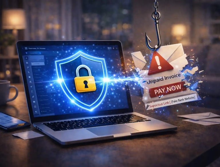 Antivirus blocking phishing email and scam link outside screen with shield protection stopping malicious message attack