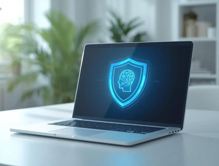 Glowing shield protecting human head silhouette on laptop screen, blocking external identity theft threat 2026