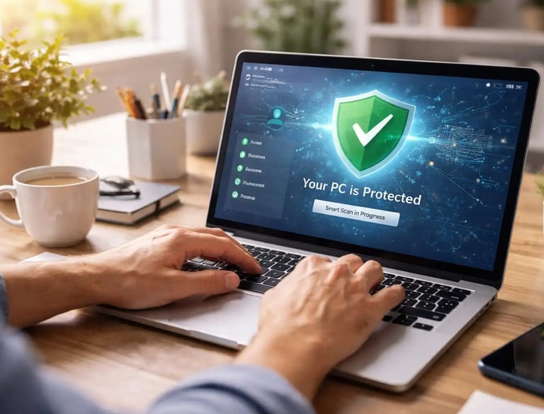 home computer protected by everyday antivirus software blocking malware during browsing email downloads and online shopping