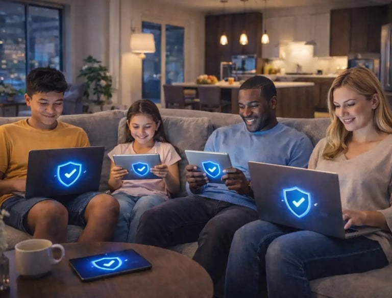 Family of four on couch using laptops and tablets each screen showing protection shield for safe home internet usage