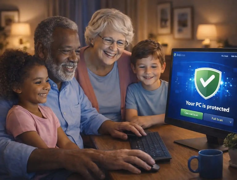 Interracial elderly couple and grandchildren at desktop PC, grandfather holding granddaughter, antivirus on screen.