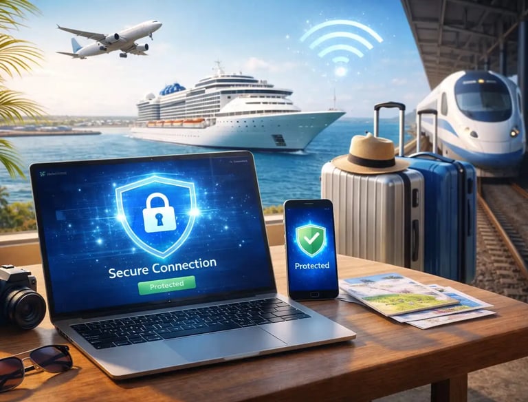 Laptop and phone showing antivirus, airplane, cruise ship and train behind, suitcase, sunglasses and camera.
