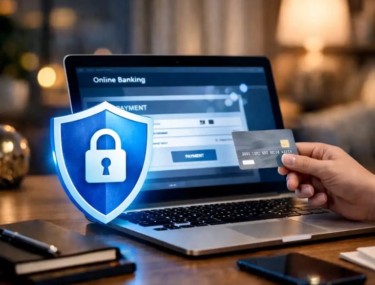 Hand holding credit card near online banking screen with lock shield icon showing secure payment protection