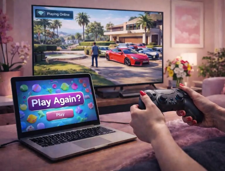 Woman hands holding controller in colorful room, TV shows cars game and laptop shows Play Again with protection shield