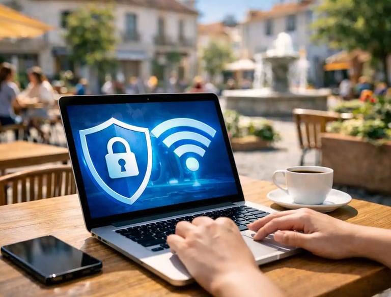 Person using laptop in outdoor café with Wi-Fi and shield icons showing encrypted connection safe browsing on public network