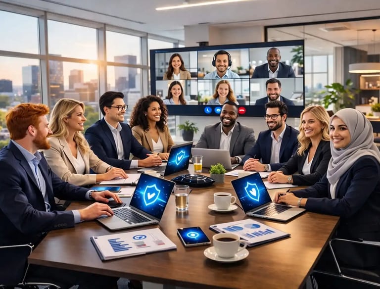 Multicultural team in office meeting including hijab woman using laptops with shields and video conference on large screen
