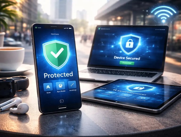 Smartphone with antivirus app, tablet and laptop on café table, AirPods and watch nearby, city street background.