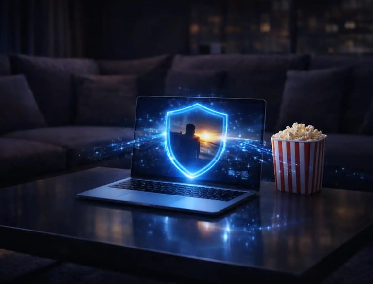 Laptop on living room table near popcorn displaying security shield while streaming video content at home