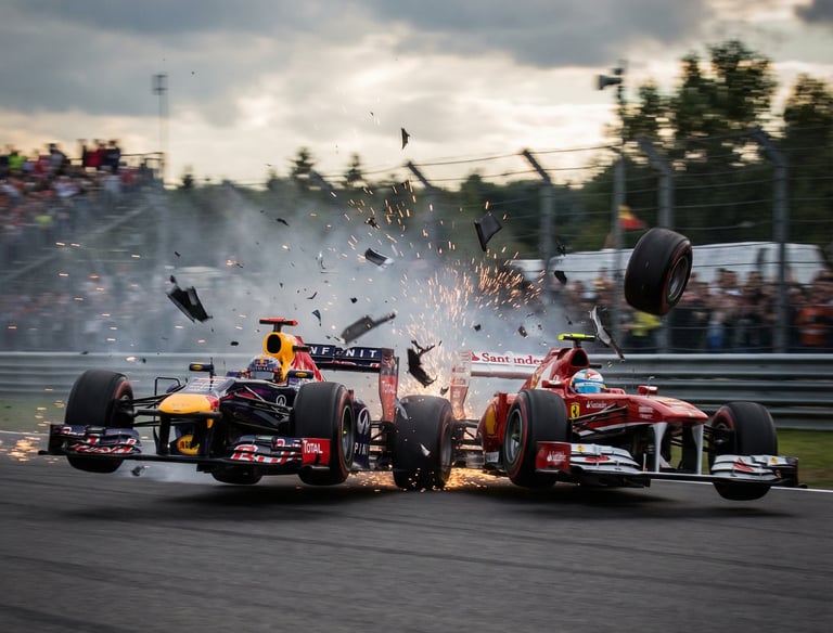 High-speed motorsport collision captured in dramatic detail, illustrating dynamic visual storytellin