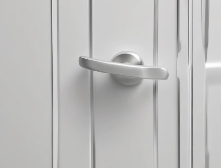Close-up of a sleek titanium dioxide antibacterial door handle in a hospital setting.