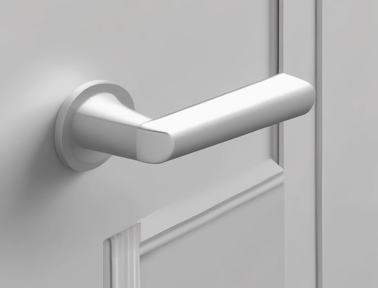 Modern office door fitted with a durable antibacterial handle glowing softly under clean lighting.