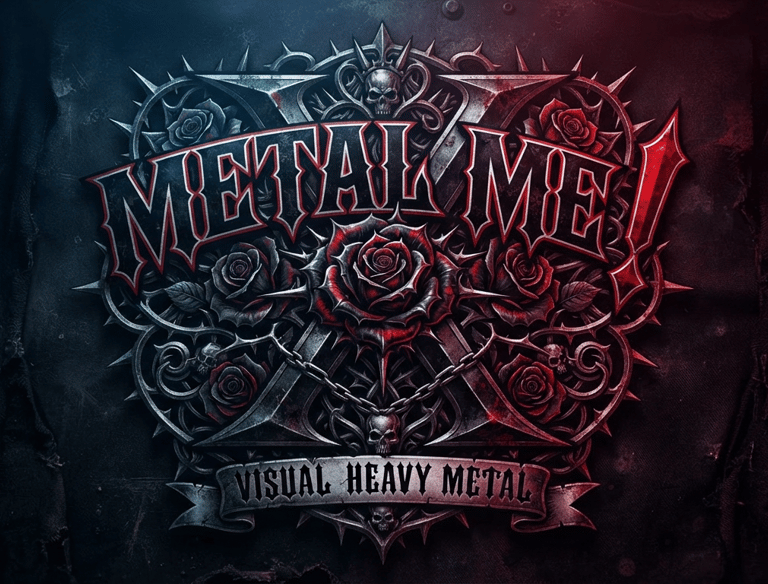 Metal Me! Visual Heavy Metal logo with red roses, silver chains, and skulls in a gothic font.
