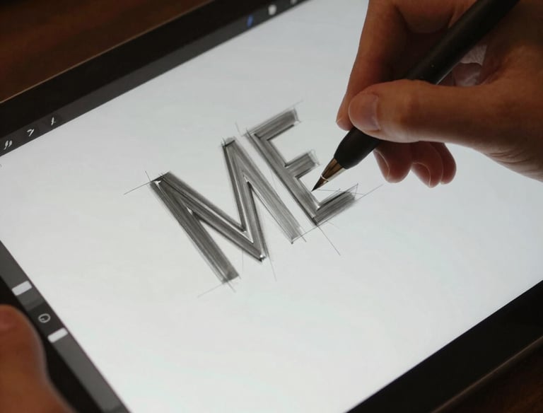 A digital artist using a stylus to sketch the word ME on a tablet screen with drawing software.