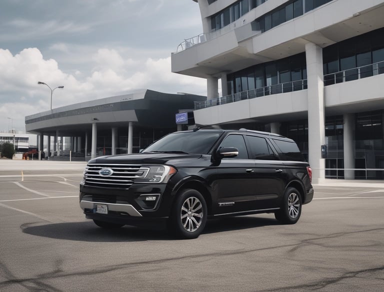 A sleek black car waiting curbside at a busy airport terminal with luggage nearby.