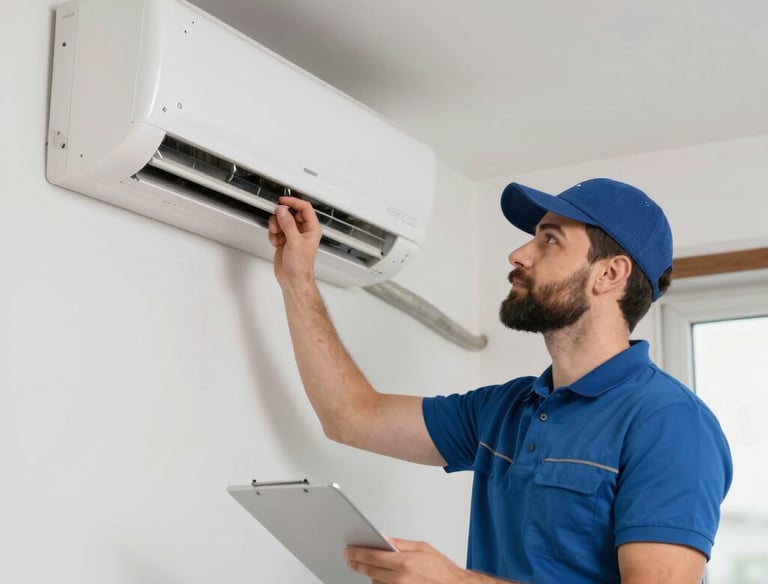 A technician servicing a sleek air conditioning unit on a sunny Dubai balcony.