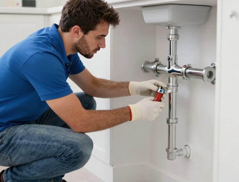A skilled plumber fixing a modern kitchen sink in a bright Dubai apartment.