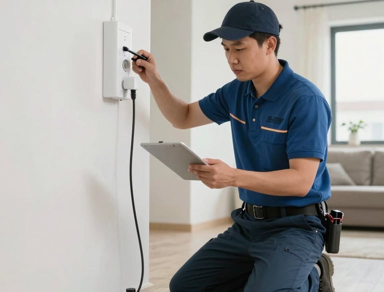 An electrician carefully wiring a contemporary living room light fixture.