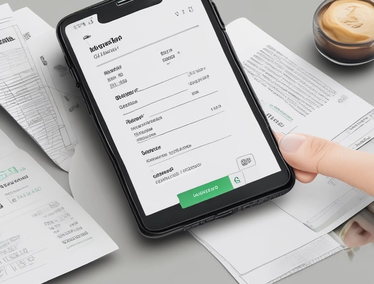 A close-up of hands scanning invoices with a modern scanner on a wooden desk.
