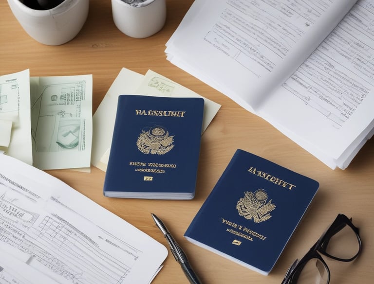 A welcoming office scene where a lawyer is advising a client about immigration paperwork.