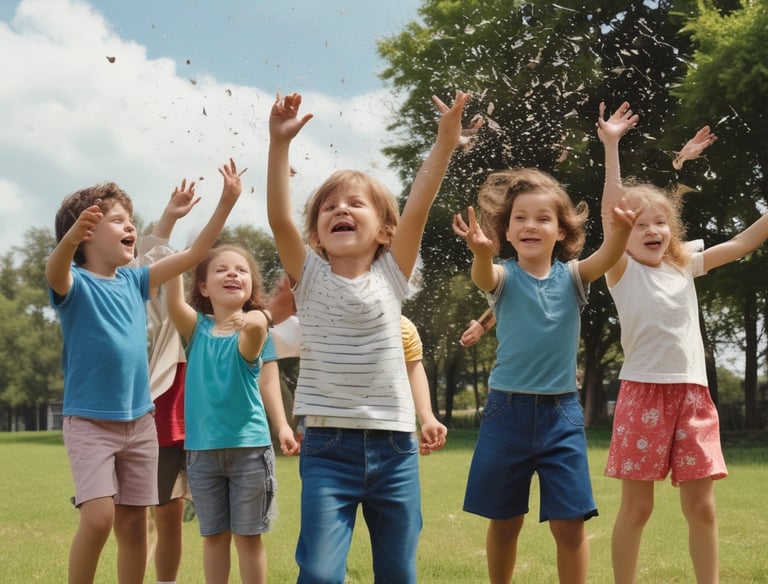 A group of friends laughing together while pointing playfully.