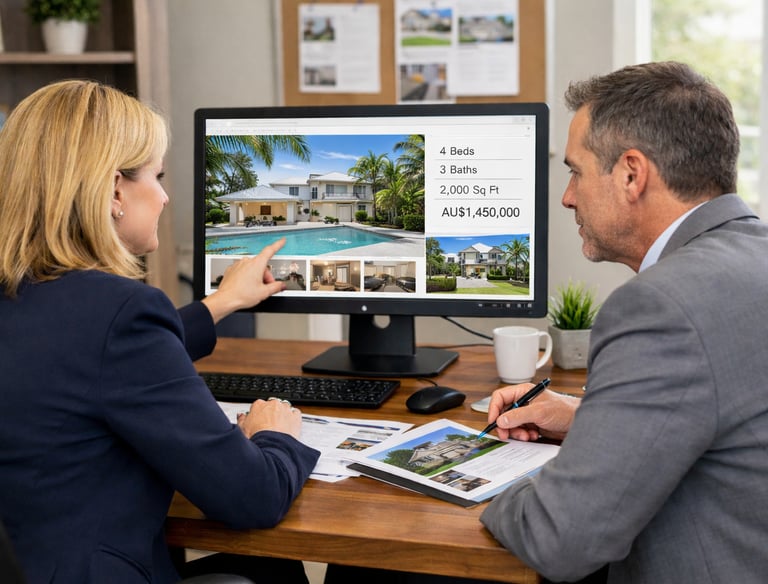 Australian real estate agents reviewing property listings and marketing compliance on desk top computer