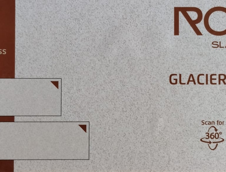 Rock Slabs Glacier Quartz full body 15mm slab sample with size options and QR code.
