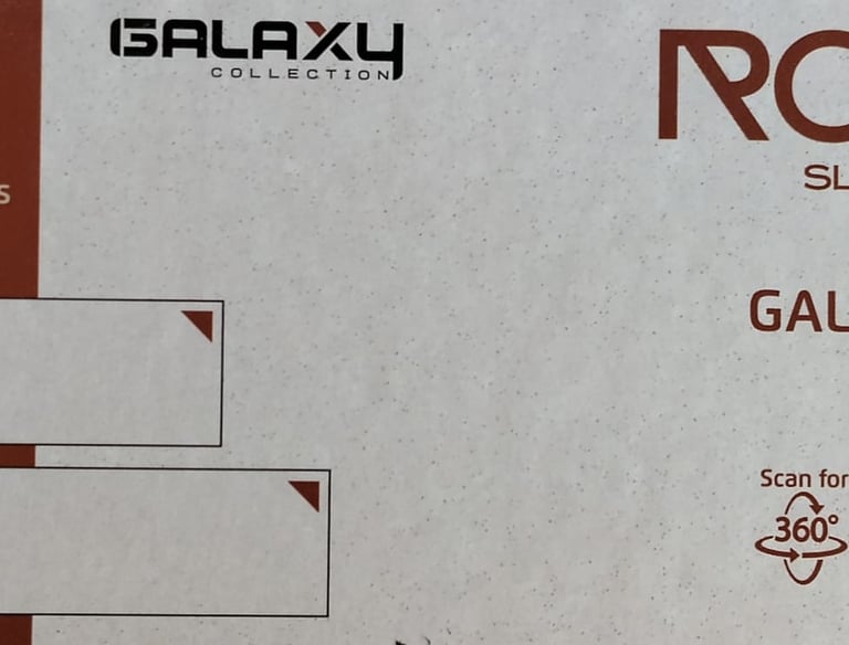 Galaxy Ash Rock Slabs 15mm thickness fullbody porcelain slabs label with size options and QR code.
