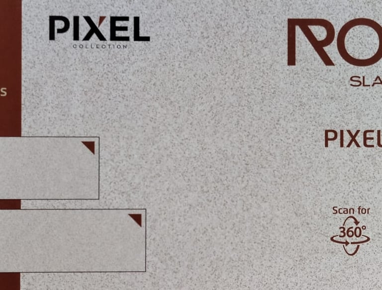 Pixel Smoke Rock Slabs advertisement showing 15mm thick fullbody porcelain tiles in multiple sizes.