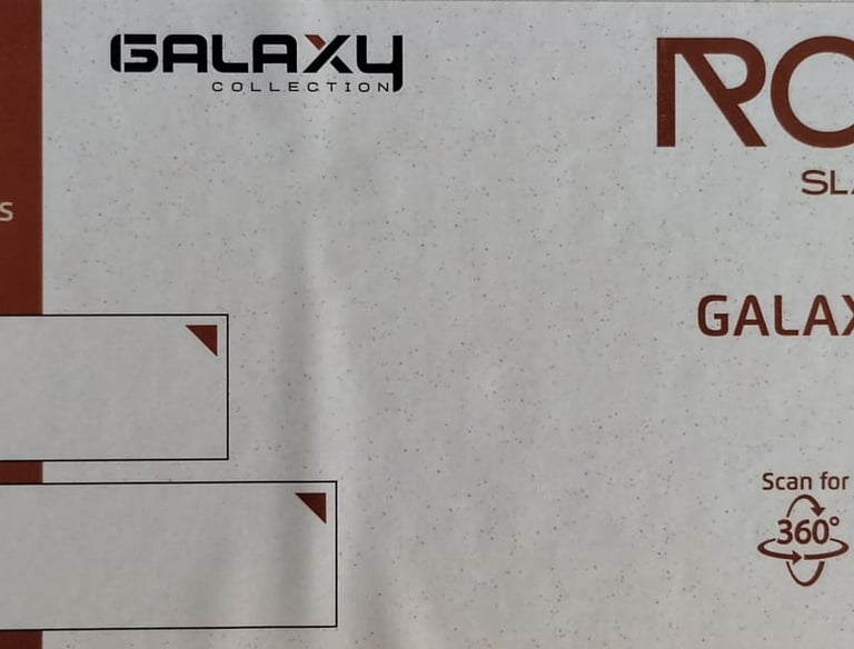 Galaxy Snow rock slabs product specifications showing 15mm thickness and various fullbody slab dimensions.