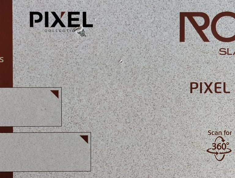 Pixel Granite 15mm thick full body slab sample with product dimensions and QR code for Rock Slabs.