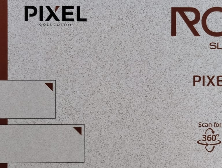 Pixel Crema Rock Slabs product label featuring 15mm thick fullbody porcelain tile dimensions and QR code.