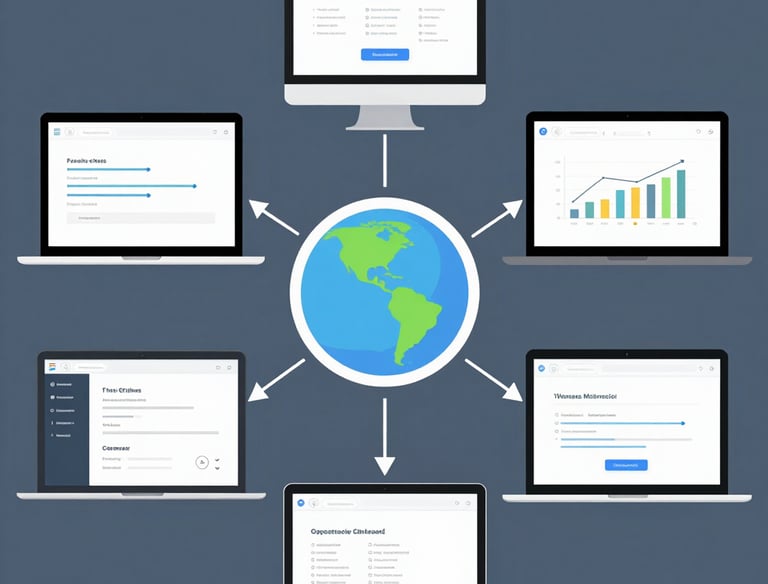 Close-up of API integration diagrams with AI icons connecting different software systems.