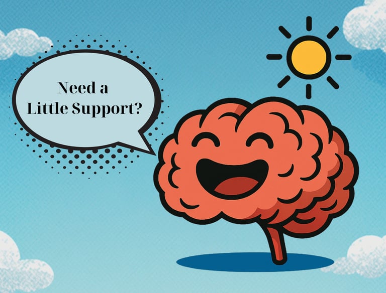 Spark Brain Buddy with a ‘Need a Little Support’ speech bubble on a blue sky background