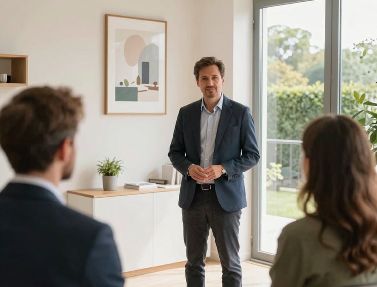 un agent immobilier qui présent un bien à vendre à un couple